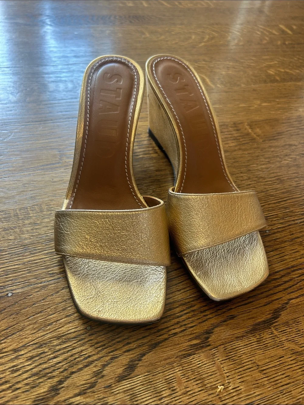 STAUD Metallic Gold Leather Slide Wedge Sandals 37 - Picture 1 of 4